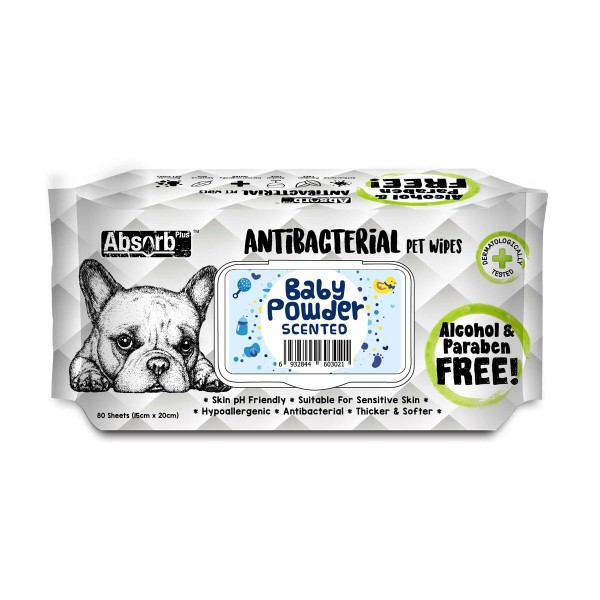 Absorb Plus Antibacterial Dog Wipes Baby Powder 80 sheets 20 x15cm