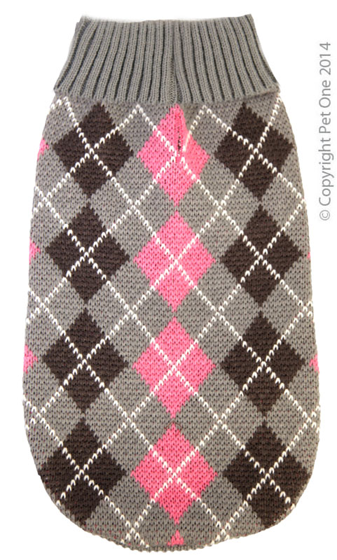 Dog Coat Komfyknit Jumper Check 20cm Grey Pink
