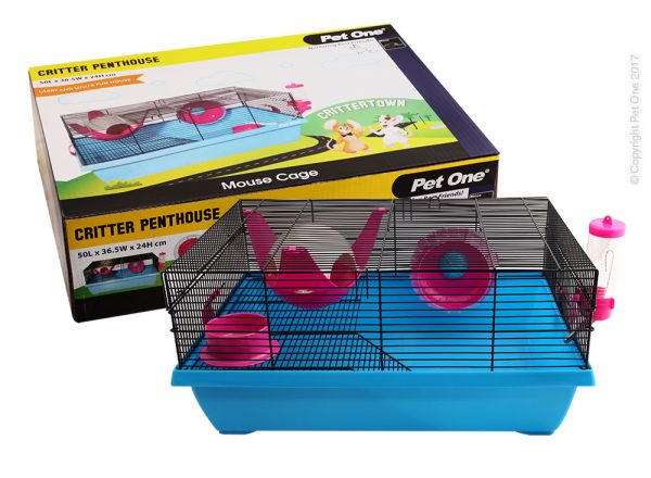 Critter Penthouse Mouse Wire Cage 50L X 36.5W X 24cm H Blue Pink