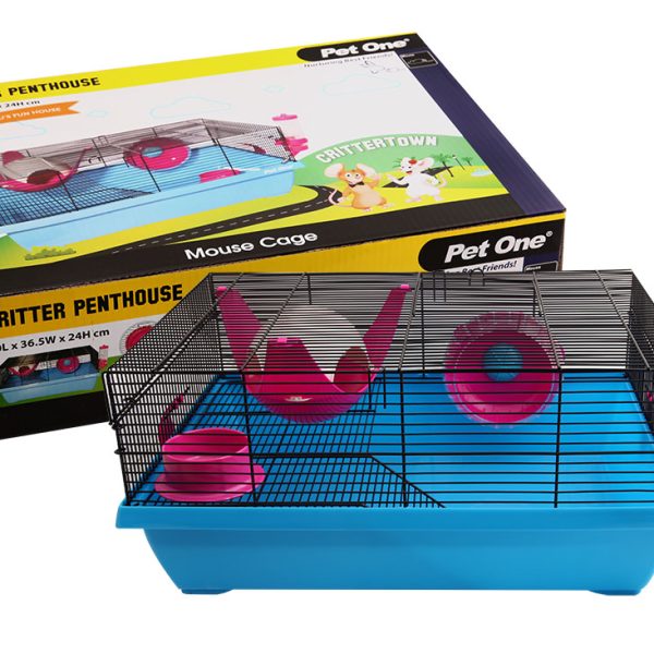 Critter Penthouse Mouse Wire Cage 50L X 36.5W X 24cm H Blue Pink