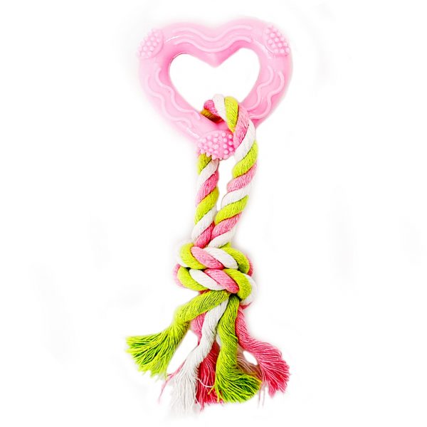Dog Puppy Toy Rope Tug 20cm w TPR Ring or Heart 4 Asstd