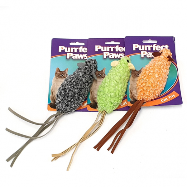 Purrfect Paws Cat Toy Mouse w Tassle Tail - 3 Assorted Colours